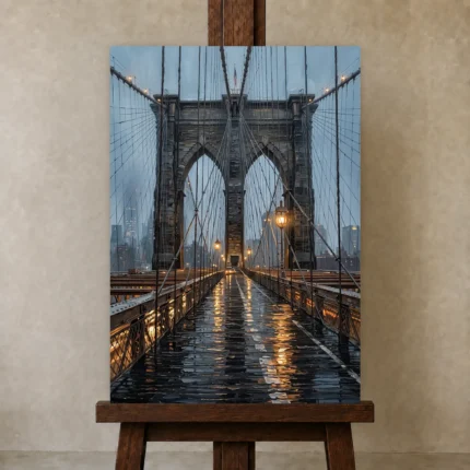 Brooklyn Bridge New York Cityscape Wall Art Canvas Print shown in Studio Easel