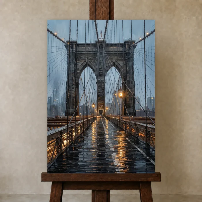 Brooklyn Bridge New York Cityscape Wall Art Canvas Print displayed on a studio easel