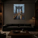 Brooklyn Bridge New York Cityscape Wall Art Canvas Print shown in a warm modern interior