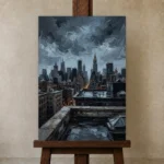 Chrysler Skyline New York Cityscape Wall Art Canvas Print displayed on a studio easel
