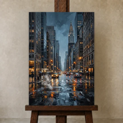 Midtown Rain New York Cityscape Wall Art Canvas Print shown in Studio Easel