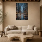 Midtown Rain New York Cityscape Wall Art Canvas Print presented in a sophisticated home setting