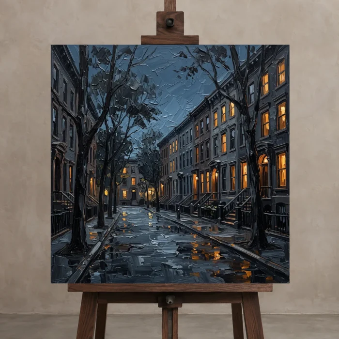West Village Brownstone New York Cityscape Wall Art Canvas Print displayed on a studio easel
