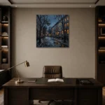 West Village Brownstone New York Cityscape Wall Art Canvas Print displayed in a contemporary gallery-inspired room