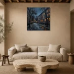West Village Brownstone New York Cityscape Wall Art Canvas Print presented in a sophisticated home setting