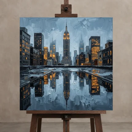 Empire Reflection New York Cityscape Wall Art Canvas Print shown in Studio Easel
