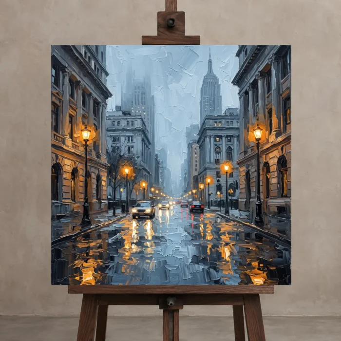 Fifth Avenue Lamps New York Cityscape Wall Art Canvas Print displayed on a studio easel