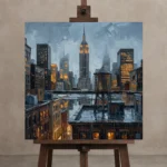 Rooftop Water Tower New York Cityscape Wall Art Canvas Print displayed on a studio easel