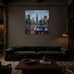 Rooftop Water Tower New York Cityscape Wall Art Canvas Print shown in a warm modern interior