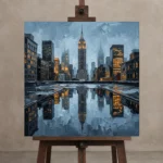 Mirrored Empire State New York Cityscape Wall Art Canvas Print displayed on a studio easel