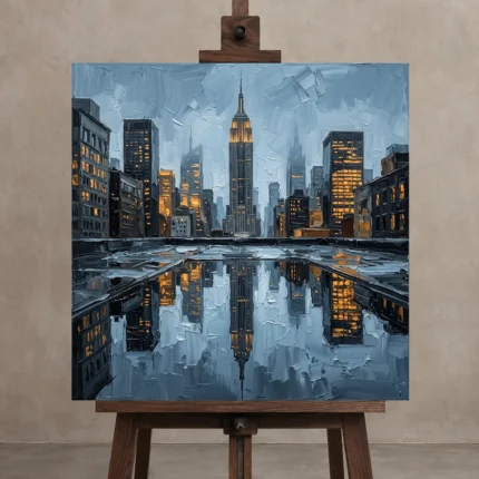 Mirrored Empire State New York Cityscape Wall Art Canvas Print shown in Studio Easel