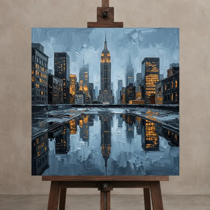 Mirrored Empire State New York Cityscape Wall Art Canvas Print displayed on a studio easel