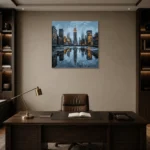 Mirrored Empire State New York Cityscape Wall Art Canvas Print displayed in a contemporary gallery-inspired room