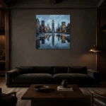 Mirrored Empire State New York Cityscape Wall Art Canvas Print shown in a warm modern interior