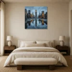 Mirrored Empire State New York Cityscape Wall Art Canvas Print showcased in an elegant minimalist interior