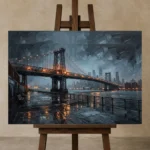 DUMBO Bridge New York Cityscape Wall Art Canvas Print displayed on a studio easel