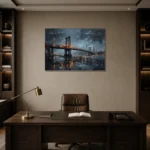 DUMBO Bridge New York Cityscape Wall Art Canvas Print displayed in a contemporary gallery-inspired room