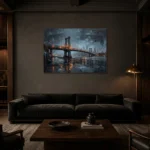 DUMBO Bridge New York Cityscape Wall Art Canvas Print shown in a warm modern interior