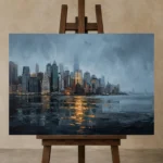 Lower Manhattan Skyline New York Cityscape Wall Art Canvas Print displayed on a studio easel