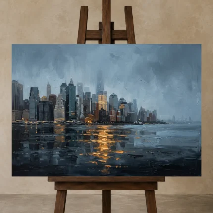 Lower Manhattan Skyline New York Cityscape Wall Art Canvas Print shown in Studio Easel