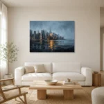Lower Manhattan Skyline New York Cityscape Wall Art Canvas Print styled in a refined neutral interior