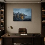 Lower Manhattan Skyline New York Cityscape Wall Art Canvas Print displayed in a contemporary gallery-inspired room