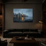 Lower Manhattan Skyline New York Cityscape Wall Art Canvas Print shown in a warm modern interior
