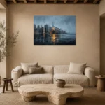 Lower Manhattan Skyline New York Cityscape Wall Art Canvas Print presented in a sophisticated home setting
