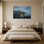 Lower Manhattan Skyline New York Cityscape Wall Art Canvas Print showcased in an elegant minimalist interior