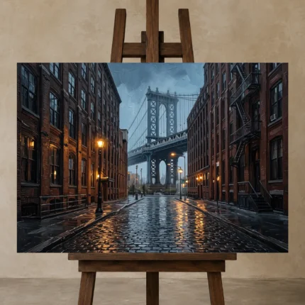 DUMBO Manhattan Bridge New York Cityscape Wall Art Canvas Print shown in Studio Easel