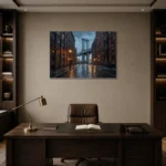 DUMBO Manhattan Bridge New York Cityscape Wall Art Canvas Print displayed in a contemporary gallery-inspired room