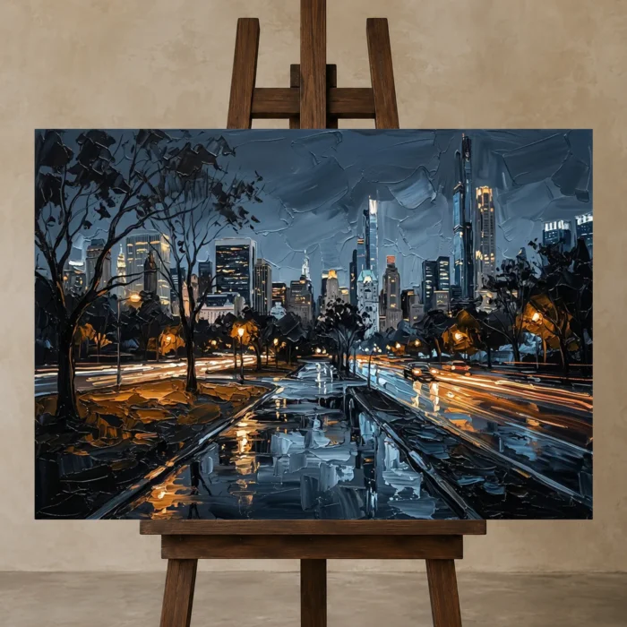 Central Park Skyline New York Cityscape Wall Art Canvas Print displayed on a studio easel