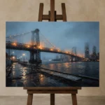 East River Bridge New York Cityscape Wall Art Canvas Print displayed on a studio easel