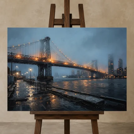 East River Bridge New York Cityscape Wall Art Canvas Print shown in Studio Easel
