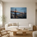 East River Bridge New York Cityscape Wall Art Canvas Print styled in a refined neutral interior