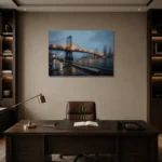 East River Bridge New York Cityscape Wall Art Canvas Print displayed in a contemporary gallery-inspired room