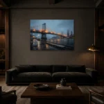 East River Bridge New York Cityscape Wall Art Canvas Print shown in a warm modern interior