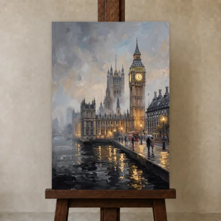 Big Ben London Cityscape Wall Art Canvas Print shown in Studio Easel