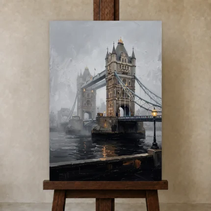 Tower Bridge London Cityscape Wall Art Canvas Print shown in Studio Easel