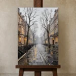 Rainy London Street London Cityscape Wall Art Canvas Print displayed on a studio easel