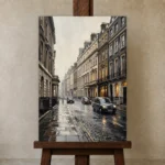 Black Cab London Cityscape Wall Art Canvas Print displayed on a studio easel