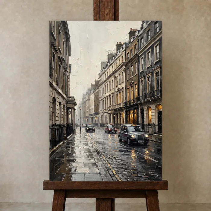 Black Cab London Cityscape Wall Art Canvas Print displayed on a studio easel