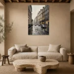 Black Cab London Cityscape Wall Art Canvas Print presented in a sophisticated home setting