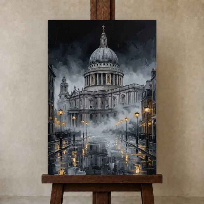 St Pauls Cathedral London Cityscape Wall Art Canvas Print displayed on a studio easel