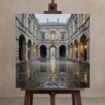 Historic Courtyard London Cityscape Wall Art Canvas Print displayed on a studio easel