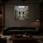 Historic Courtyard London Cityscape Wall Art Canvas Print shown in a warm modern interior
