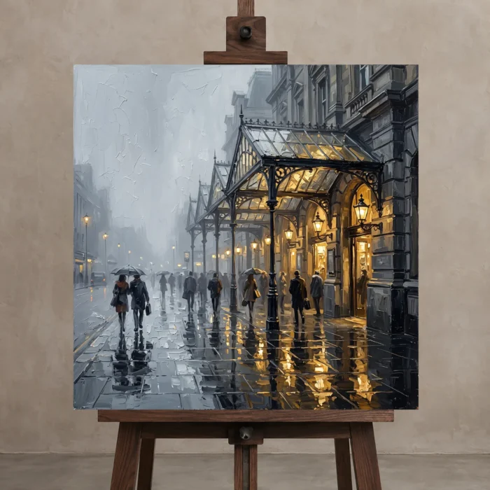 Victorian Canopy London Cityscape Wall Art Canvas Print displayed on a studio easel