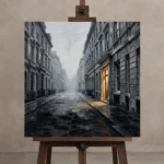 Golden Doorway London Cityscape Wall Art Canvas Print displayed on a studio easel
