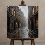 Brick Alley London Cityscape Wall Art Canvas Print displayed on a studio easel