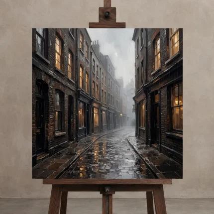 Brick Alley London Cityscape Wall Art Canvas Print shown in Studio Easel